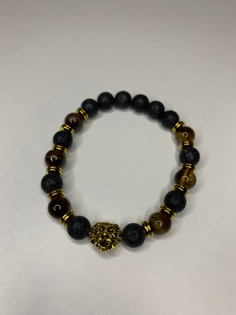 Lions Head Lava Rock & Tiger Eye Beaded Bracelet