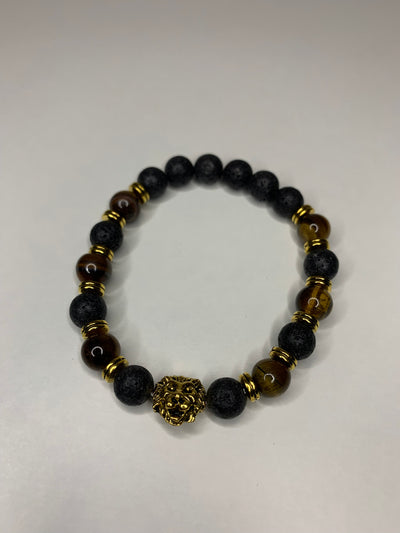 Lions Head Lava Rock & Tiger Eye Beaded Bracelet