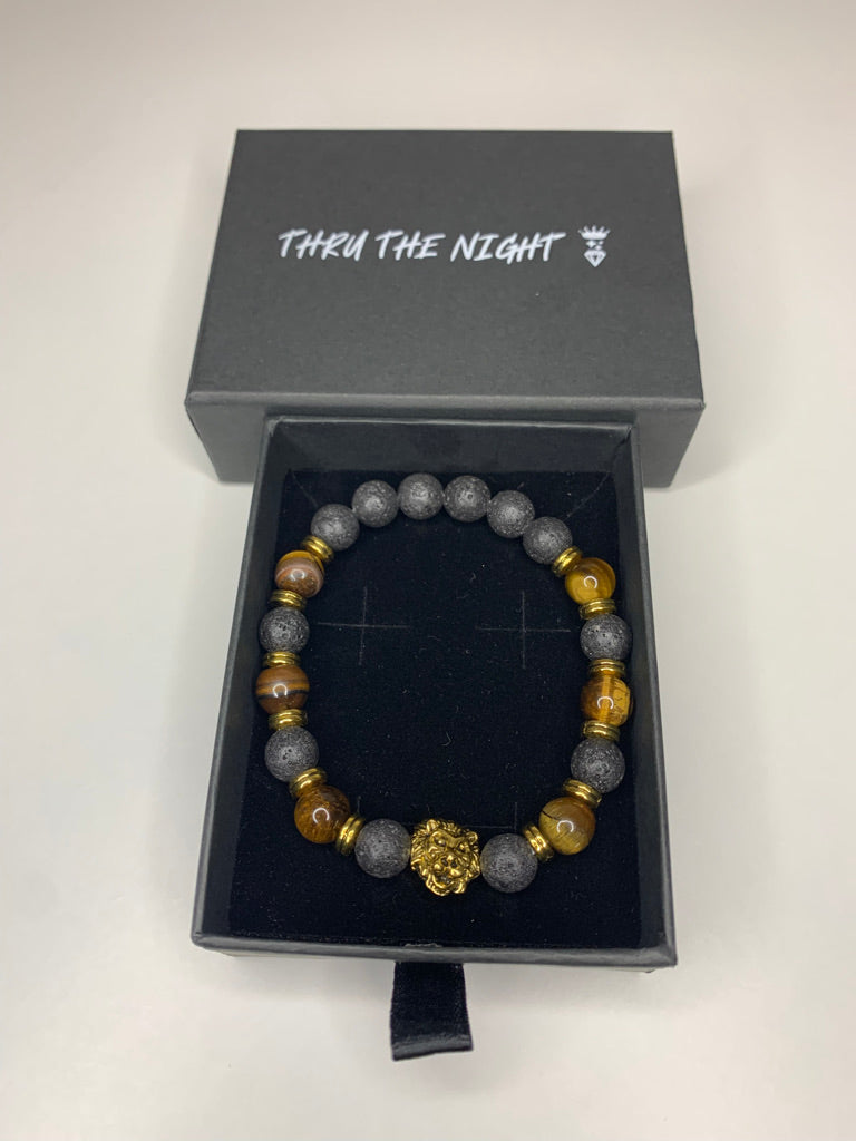Lions Head Lava Rock & Tiger Eye Beaded Bracelet
