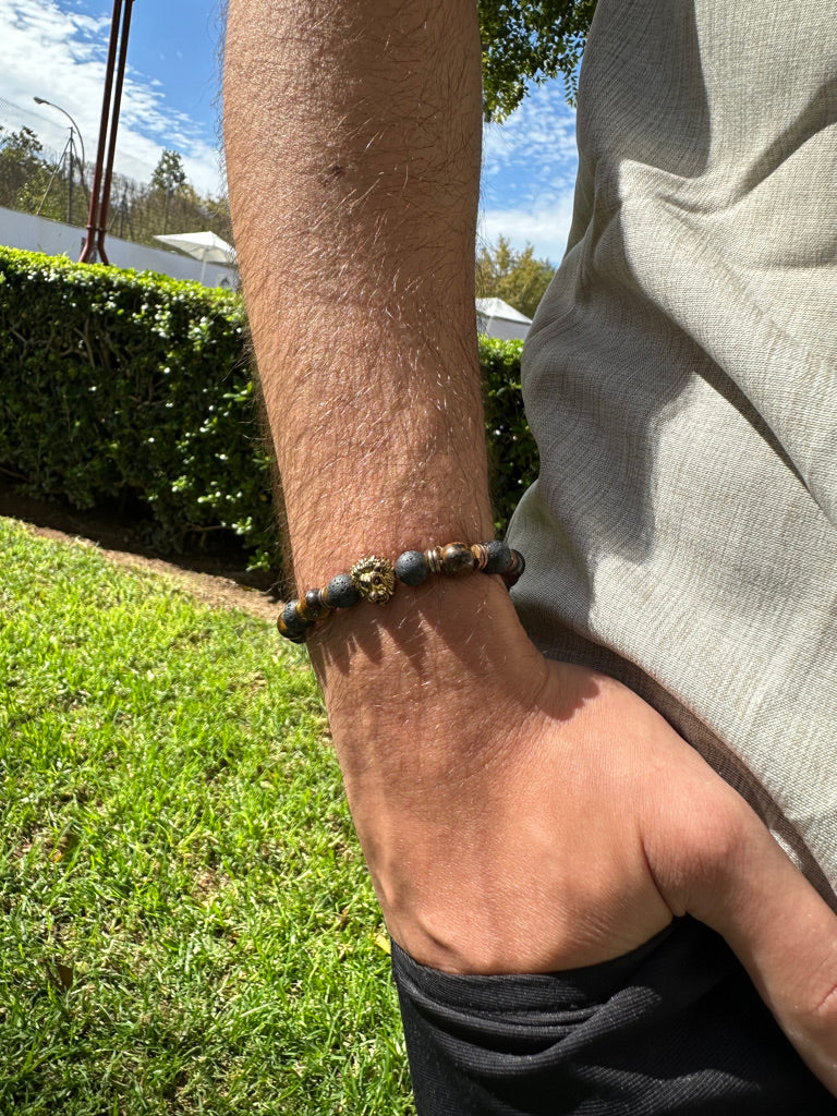 Lions Head Lava Rock & Tiger Eye Beaded Bracelet